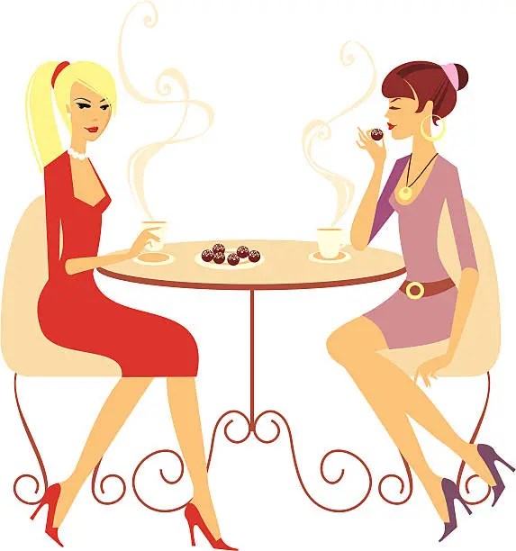Vector illustration of Draw of two girls drinking coffee and eating pastries