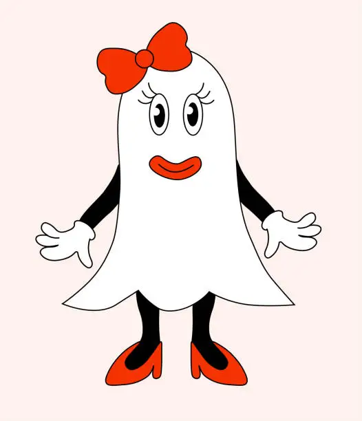 Vector illustration of Retro Groovy Halloween Ghost girl. Vector flat.