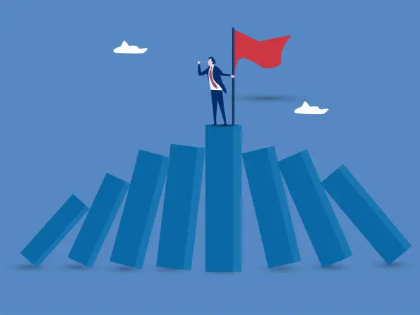Vector illustration of Businessman on stand strong bar graph domino collapse. Winner take all, survive business competition or strength to overcome difficulty, economic crisis or recession, business winner concept, success.