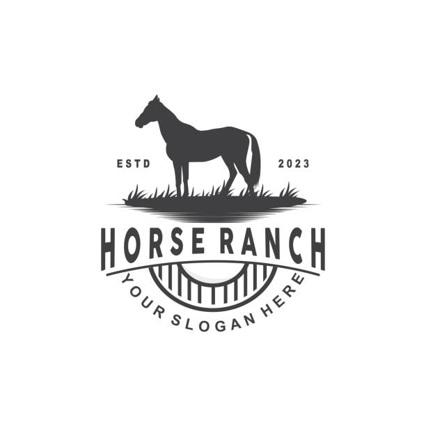 ilustrações, clipart, desenhos animados e ícones de logotipo do cavalo, west country farm ranch cowboy logo design, modelo de ilustração simples - barn farm moon old