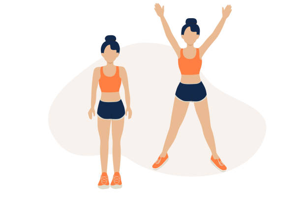 Young women doing exercises jumping jacks Young women doing exercises jumping jacks jumping jacks stock illustrations