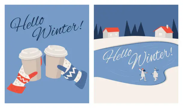Vector illustration of Hello Winter Greeting Cards Set