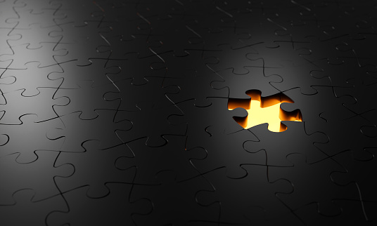 Business concept.outstanding gold jigsaw on black. Leader, Unique, Think different, standing out from the crowd concept.3D render