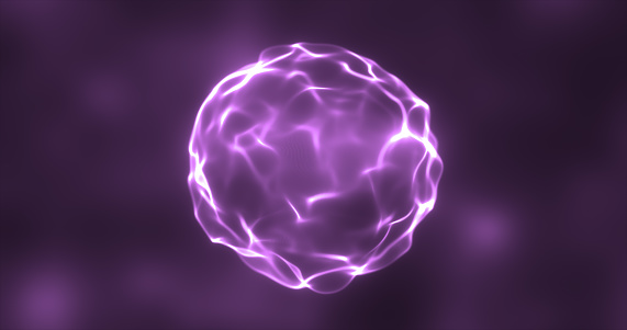 Abstract purple energy round sphere glowing with particle waves hi-tech digital magic abstract background.