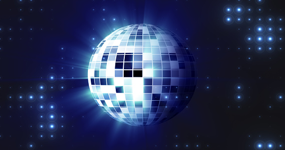Abstract blue mirrored spinning round disco ball for discos and dances in nightclubs 80s, 90s luminous background.