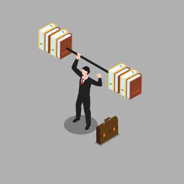 Vector illustration of Businessman lifts weights ,barbell is made up of books