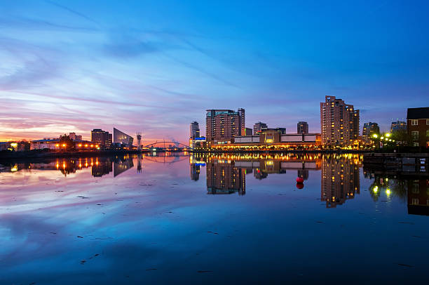 panoramic view of salford quays Skyline of Salford Quays Manchester at twilight. image no 177. manchester england stock pictures, royalty-free photos & images