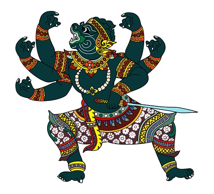 monkey character in Ramayana Story, Ramayana Thai, Lord Hanuman, Rama battle a giant of thai tradition style, Mahabharata art, Monkey Warriors in the Epic Ramayana moving