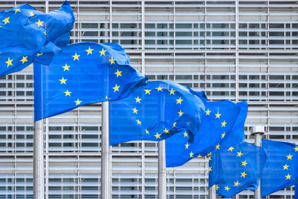 eu-flaggen vor der europäischen kommission eu-flaggen - europaflagge stock-fotos und bilder