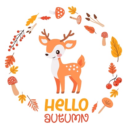 Flat vector illustration. Cute deer and the inscription Hello Autumn. frame of autumn leaves, mushrooms and berries