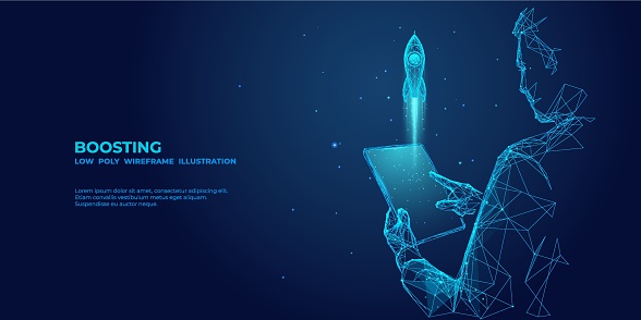 An abstract businessman is holding a tablet with Rocket launching a hologram. Digital Boosting or Start-Up Concept. Futuristic low poly user in technological blue. Vector 3D illustration.