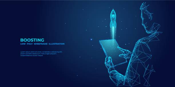 investment person An abstract businessman is holding a tablet with Rocket launching a hologram. Digital Boosting or Start-Up Concept. Futuristic low poly user in technological blue. Vector 3D illustration. start ups stock illustrations