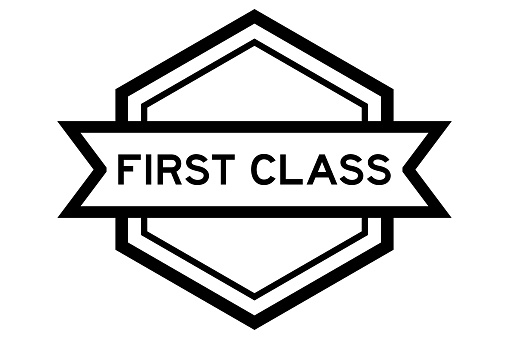 Vintage black color hexagon label banner with word first class on white background