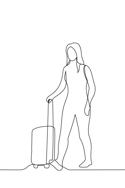 Vector illustration of woman walking with a suitcase on wheels - one line art vector. passenger concept with suitcase