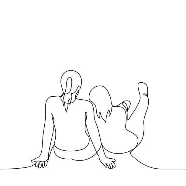 Vector illustration of women sitting and reclining on the floor - one line art vector. concept lesbian couple, sisters or friends hugging on the floor sitting with their backs to the viewer