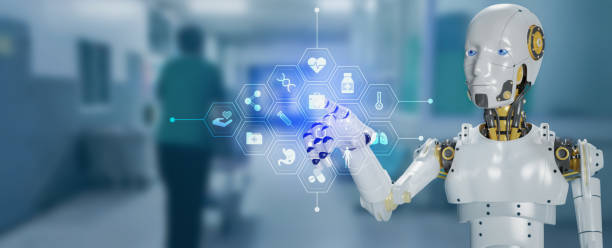 istock 3D rendering robot with medical medical network connection icons. 1673367537