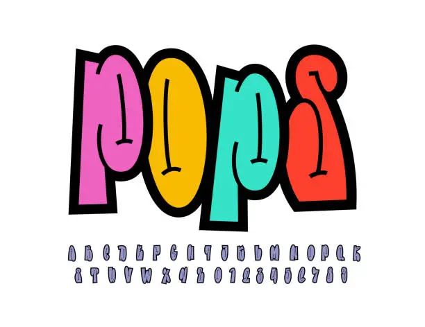 Vector illustration of Graffiti long font, comic alphabet in the cartoon style, narrow uppercase letters and numbers, vector illustration 10EPS