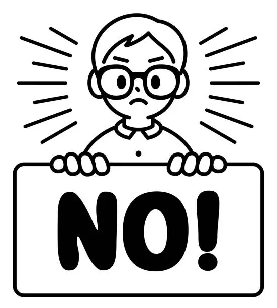Vector illustration of A boy with Horn-rimmed glasses is holding a blank sign in anger, saying no, looking at the viewer, minimalist style, black and white outline