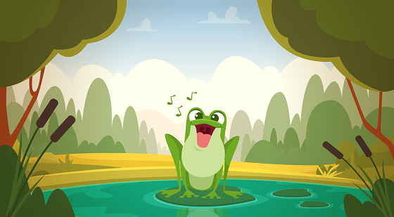 Jumping frog. Cartoon background with cute animals frogs exact vector pictures. Illustration of green croaking frog, animal mascot in pond croak, smile toad