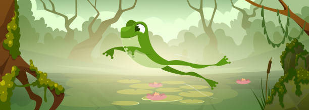 만화 개구리 배경입니다. 호수에 있는 야생 동물 정확한 벡터 개구리 점프 - frog jumping pond water lily stock illustrations