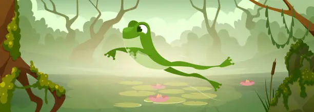 Vector illustration of Cartoon frog background. Wild animal in lake exact vector frog jumping