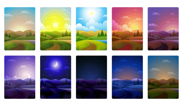 Day parts. Background of noon morning day and night recent vector cartoon landscape with weather horizon day and morning, summer daytime, midnight and sunrise Day parts. Background of noon morning day and night recent vector cartoon landscape with weather horizon day and morning, summer daytime, midnight and sunrise illustration morning afternoon night stock illustrations