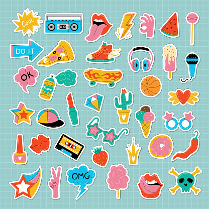 Teenage stickers. Colored fashion retro labels doodle set recent vector illustration set of label fashion, colorful vintage item of teenage, typography badge