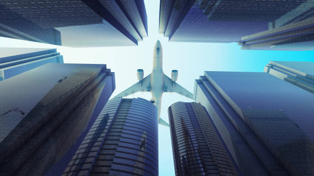 istock Buildings with flying plane in the modern skyline 1673433350