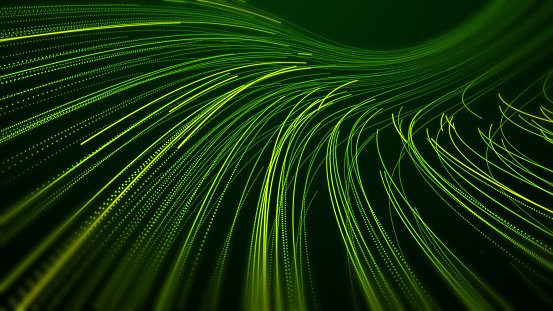 Immerse yourself in the mesmerizing world of abstract green particle light trails against a dark background. This stock image captures the essence of modern artistry and technology, with vibrant colors and dynamic motion. The interplay of light and darkness creates a sense of magic and futuristic wonder. Perfect for adding a touch of creativity and energy to your visual projects, this image evokes a sense of flowing data and virtual reality, making it a versatile addition to your toolkit.