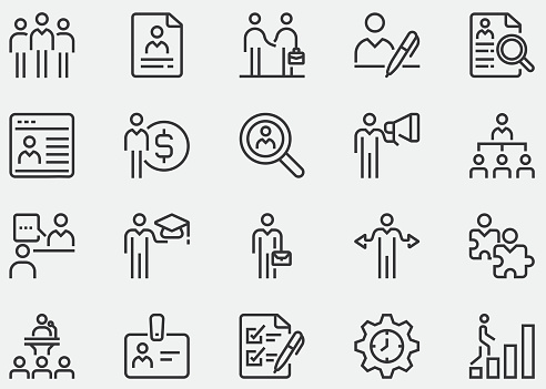 Recruiting and Hiring line icon.Recruitment, Head hunting, career, resume, salary, candidate, human resource, HR, Employment, business, office, company, management, Find job, interview, skills, resume