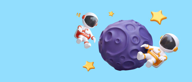 istock 3D cosmonauts in outer space. Astronauts near purple planet, stars 1673453199