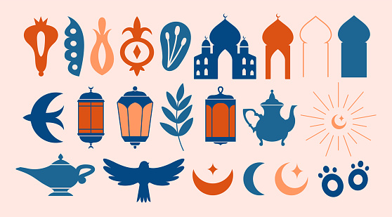 istock Set of islamic, muslim clip arts with minimalistic illustrations of mosque, lamp, teapot, bird, moon, star, leaf, flower, berry. Modern, abstract elements for sticker, banner, card, cover. 1673461311