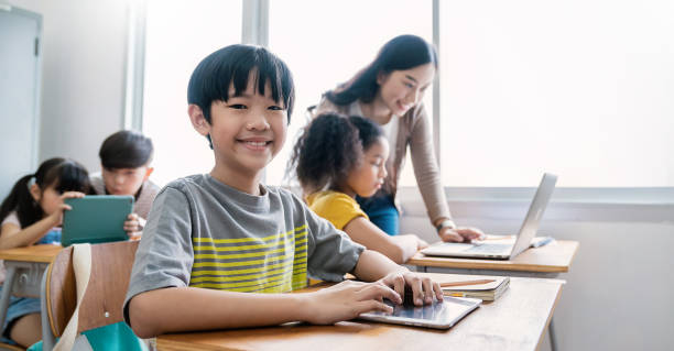 istock Pupil boy, teacher learn computer in classroom at elementary school. Student boy studying primary school. Children coding online in classroom. Education knowledge, successful teamwork concept banner 1673466600