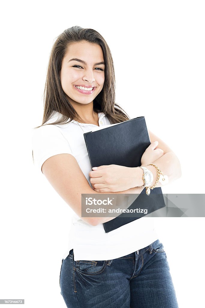 Happy student smiling Happy student smiling and holding a ring binder. Isolated over white background Adult Stock Photo