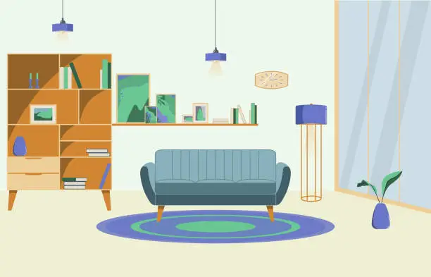 Vector illustration of Mid century style living room interior design in violet and green