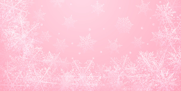 Christmas background of beautiful complex snowflakes in pink colors. Winter illustration with falling snow