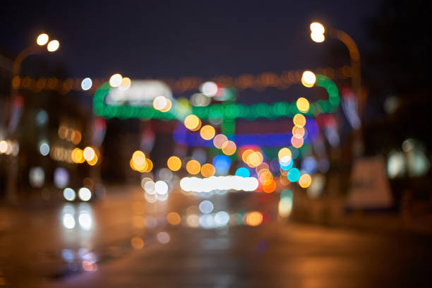 Colorful bokeh from street lights at night.