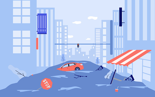 Catastrophic flood damaging city vector illustration. Flooded streets, downpours destroying buildings, cars and trees, high level of water. Climate change, natural disaster, emergency concept