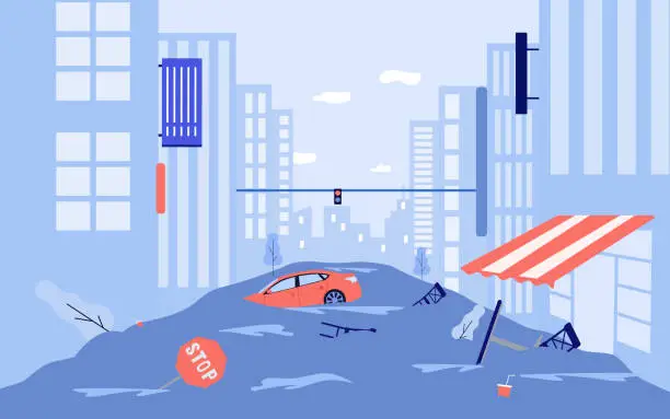 Vector illustration of Catastrophic flood damaging city vector illustration