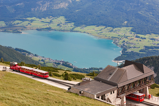 Mondsee lake and Schafberg train. Salzburg region. Austria landmark