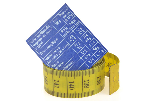 Diet concept with a flexible meter and a sheet of nutritional values of a food close up on a white background