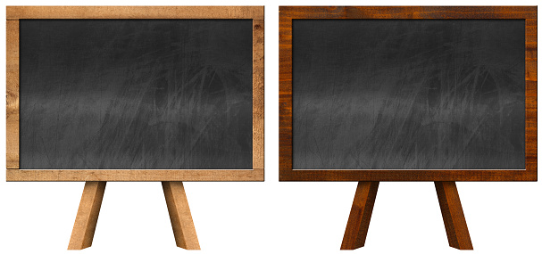 Two empty blackboards with wooden frame and easel isolated on white background, 3d illustration.