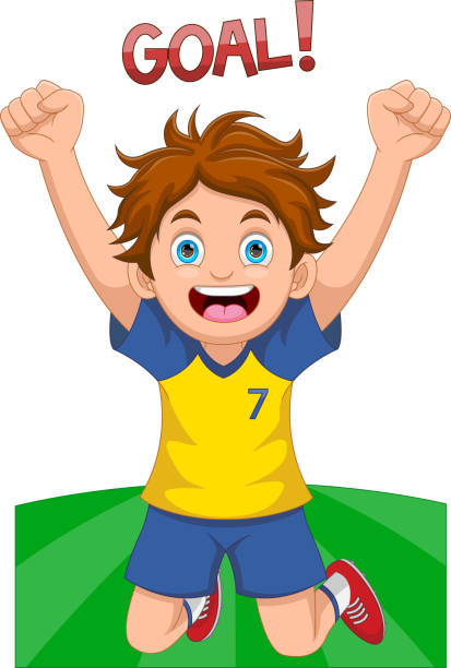 счастливые футболисты, празднующие гол мультфильм - youth league stock illustrations