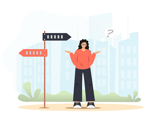 Person looking for a way in the city, looking for a new ideas, brainstorming, solving the problems, flat vector illustration