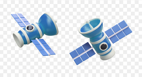 Set of 3D blue communication satellites with antennas and solar panels. Radio transmitter in orbit. Spacecraft for collecting and transmitting data. Digital information, analog signals