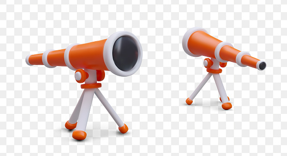 3D telescope in cartoon style. Front and back view. Optical device for surveillance, espionage. Astronomer device. Planetarium equipment. Colored vector icons
