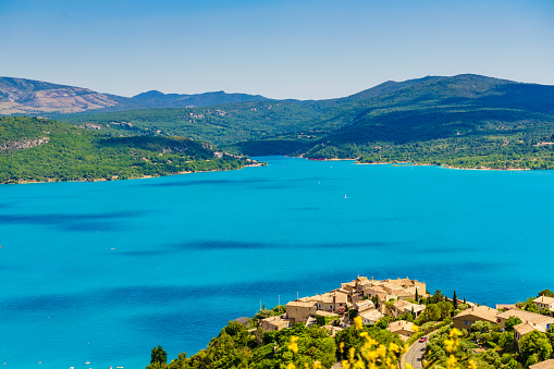 View of the village of Sainte-Croix-du-Verdon and the Lake Sainte Croix, Verdon Gorge in french Alps mountains, Provence France. Holidays trip.