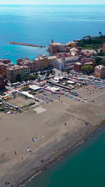 Italy resort. Bay of Silence, Liguria, Sestri Levante. Vertical video from a drone
