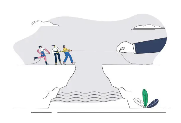 Vector illustration of A group of female white-collar workers competed in a tug-of-war with a giant on a cliff.