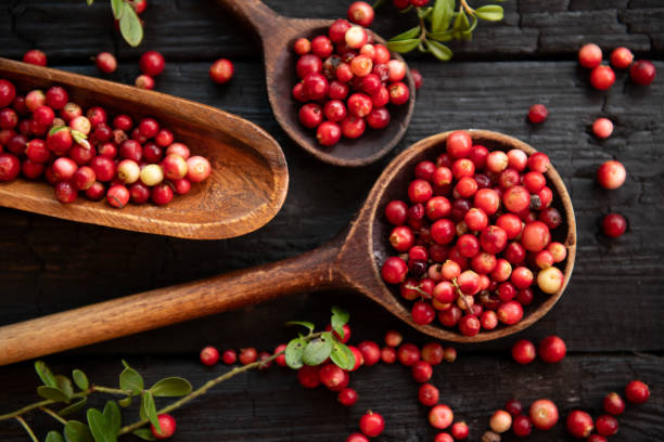 istock Cranberries in a bowl on wooden background. 1673561396